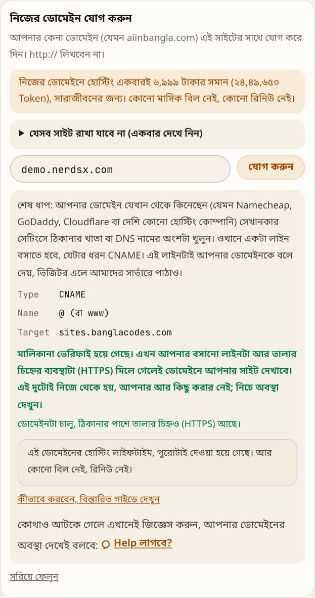 ভেরিফাই হয়ে যাওয়ার পর: মালিকানা প্রমাণ হয়েছে, ডোমেইনটা চালু, HTTPS সহ